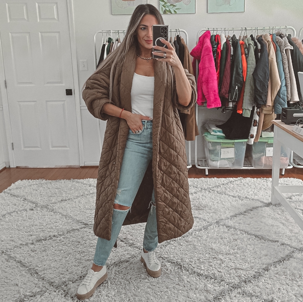 Mango brown quilted belted long coat size M - Picture 2 of 12